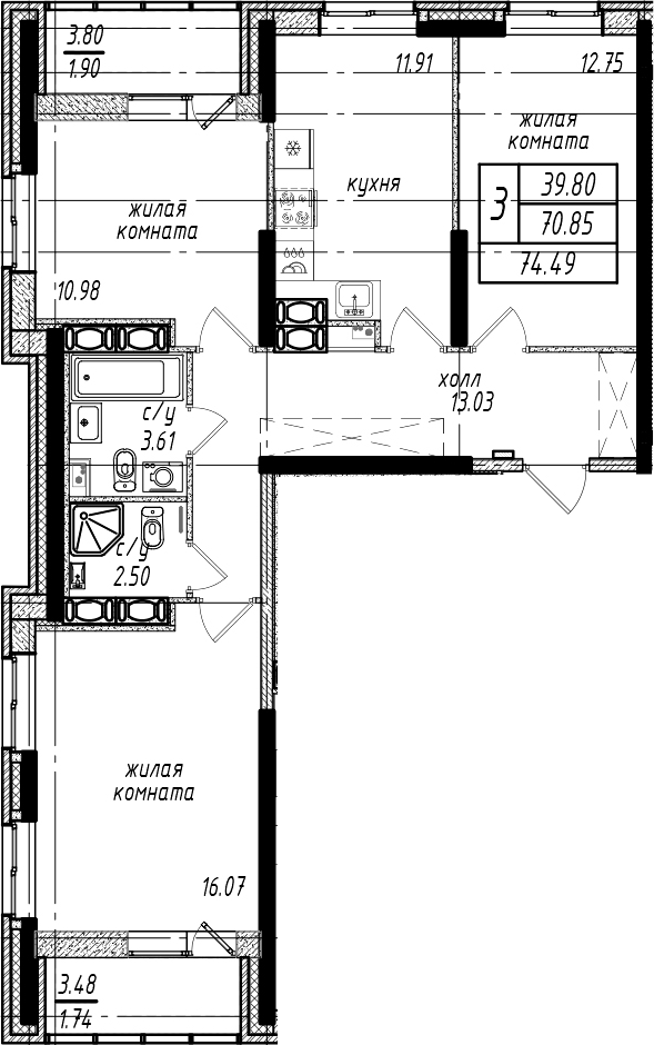 3-комнатная квартира 74.49 м², 17/25 эт., ЖК «Северная Долина»